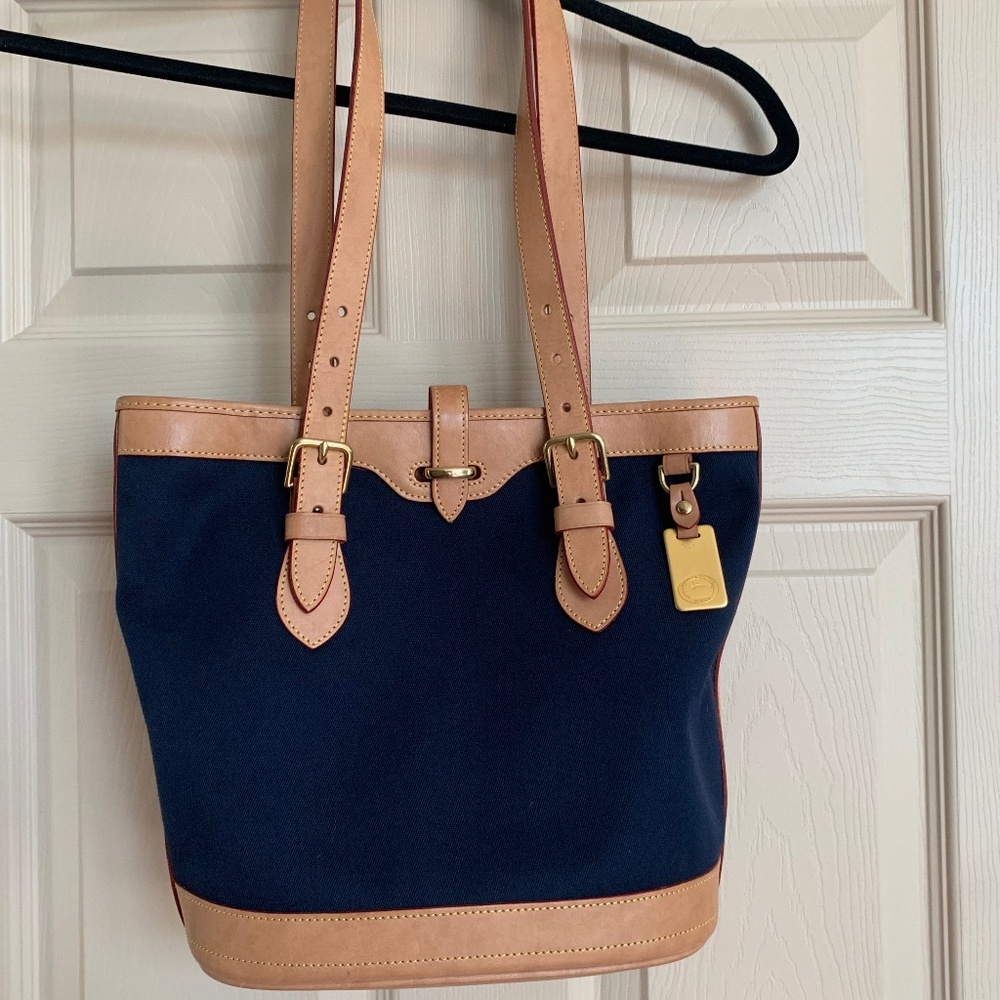 Dooney & Burke Navy/Tan Canvas/Leather Shoulder Handbag